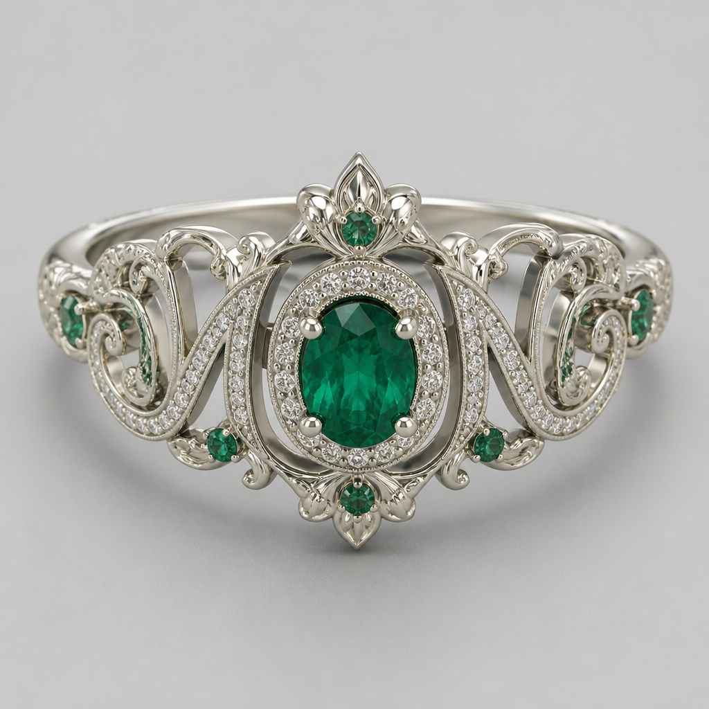 A victorian women's ring made of white gold with emerald stones. make the Ring with the name Muhammad. in english
photorealistic jewelry design, A victorian women's ring made of white gold with emerald stones. make the Ring with the name Muhammad. in english, victorian style, just the design no text