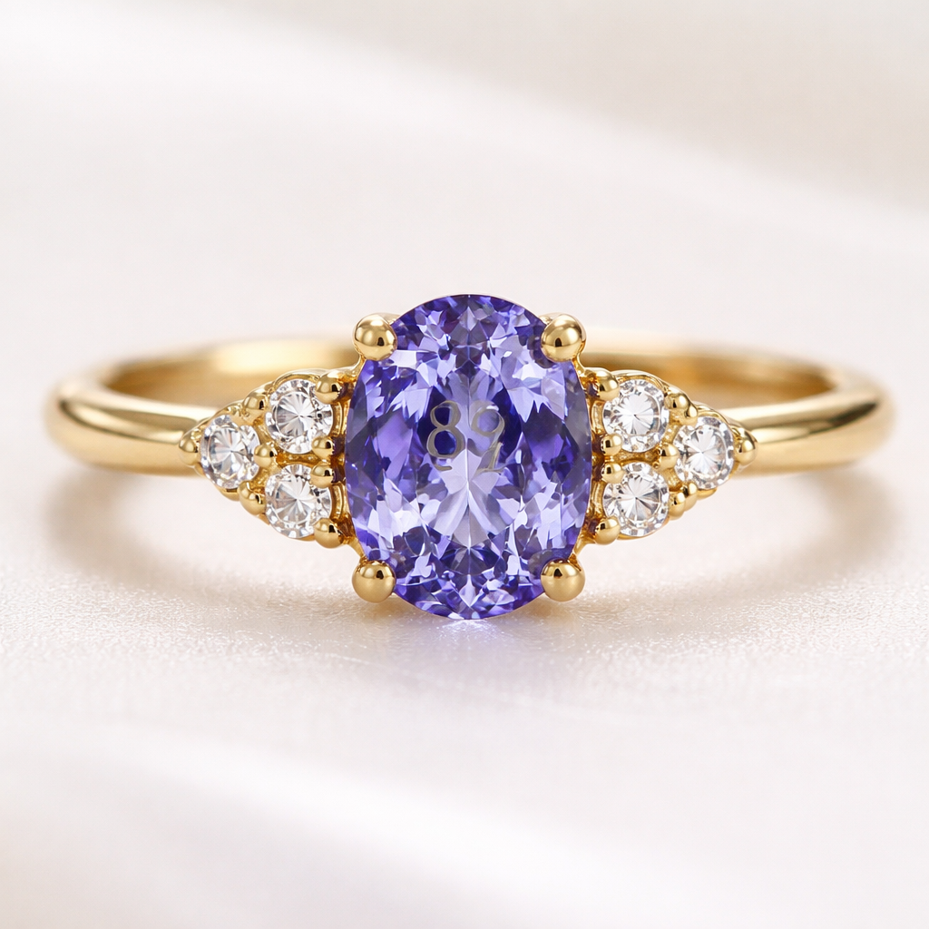A luxury vintage-style ring features a 0.89-carat oval Tanzanite as the center stone. The band is crafted in 18K yellow gold, with a 1.8mm slightly flattened round-profile (domed-flat) shank for comfort. The side stones are arranged in a cascading size sequence: one 0.04ct diamond next to the center stone, followed by two 0.02ct diamonds, creating a sophisticated layered effect. Professional jewelry photography, macro shot, soft studio lighting, white background.