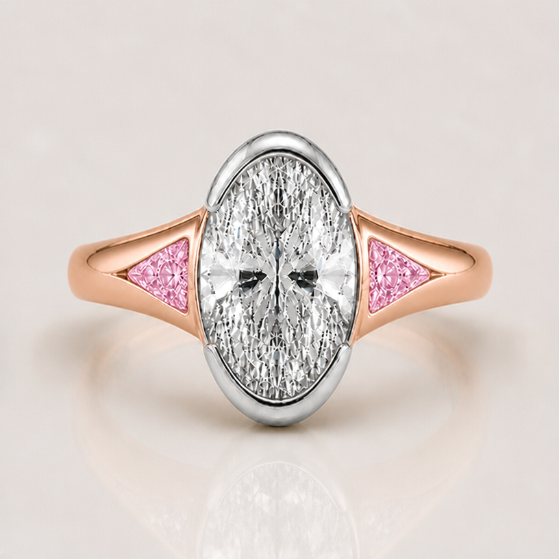 no prongs on the trillion, they sit flushly with bezel
edit the attached jewelry design with these instructions: no prongs on the trillion, they sit flushly with bezel. keep it photorealistic, just the design no text