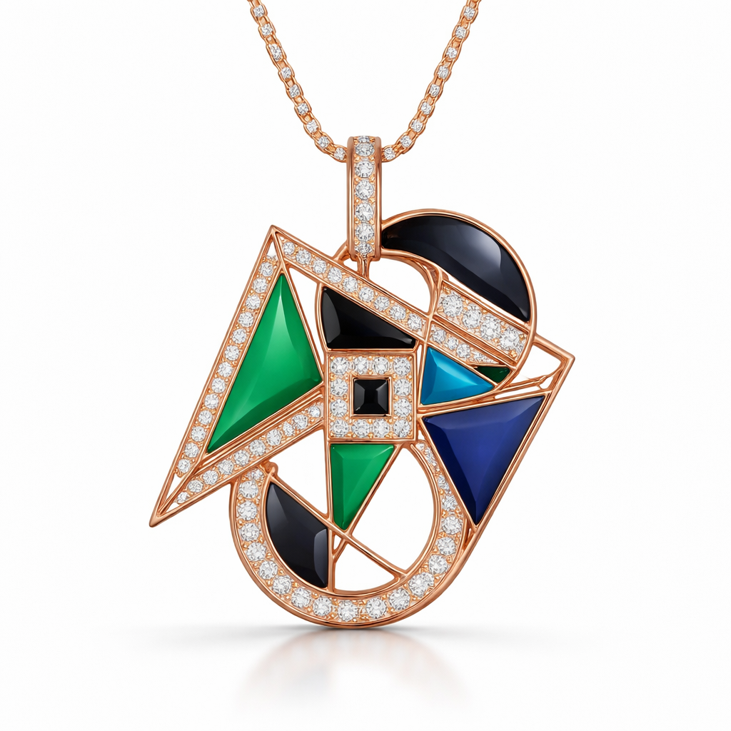 Geometry pendant of architect shapes and edges with diamonds and colored enamel of white background
