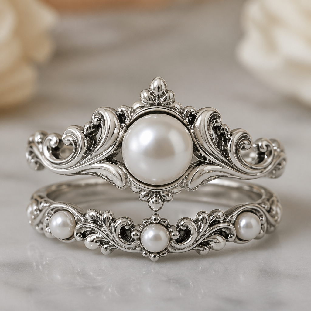 Design a two piece engagement/ wedding ring set in silver and pearls
photorealistic jewelry design, Design a two piece engagement/ wedding ring set in silver and pearls, baroque style, just the design no text