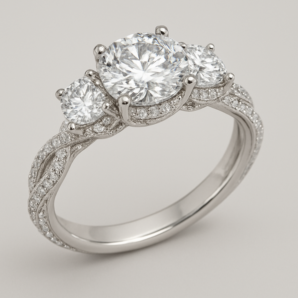 3 stone 4.5 carat wedding ring with twisted pave band and hidden halo