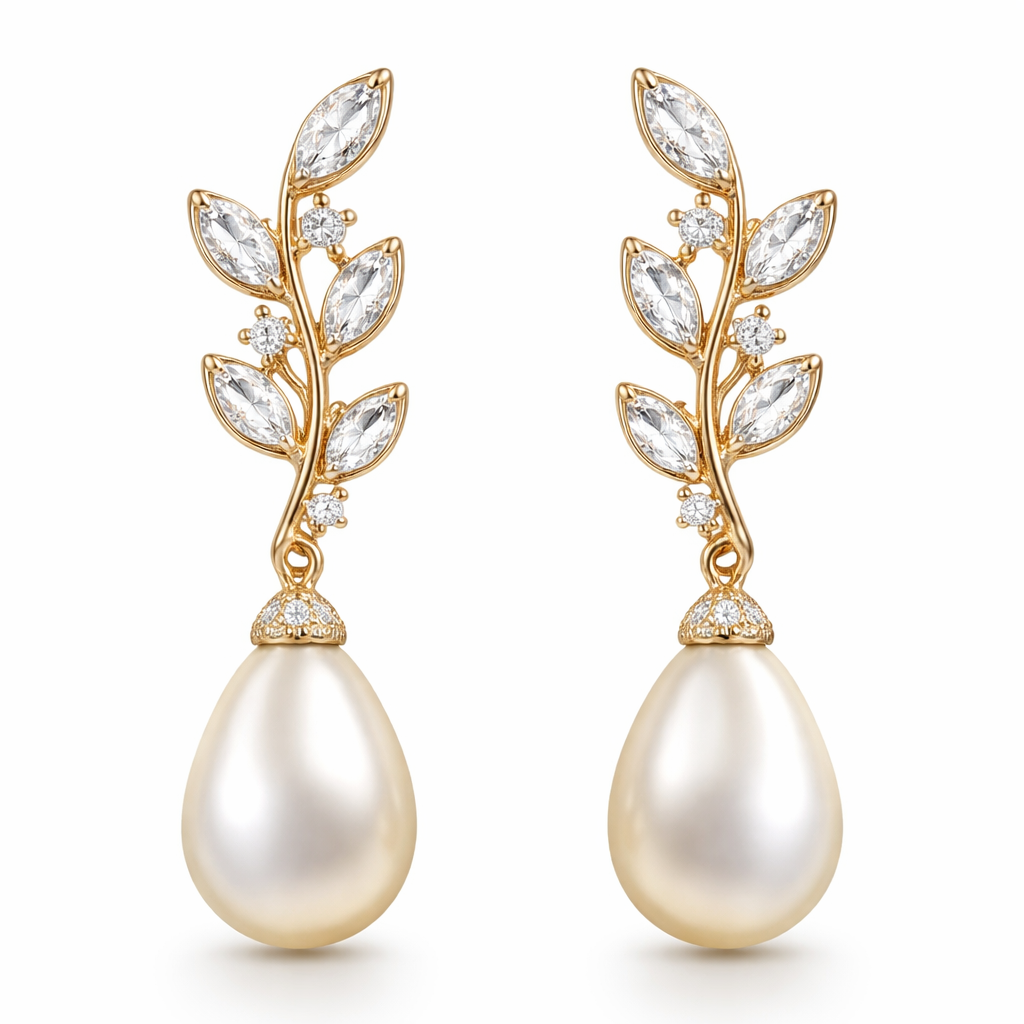 Gold pearl drop earrings with white sapphire stones and make it look like a olive branch