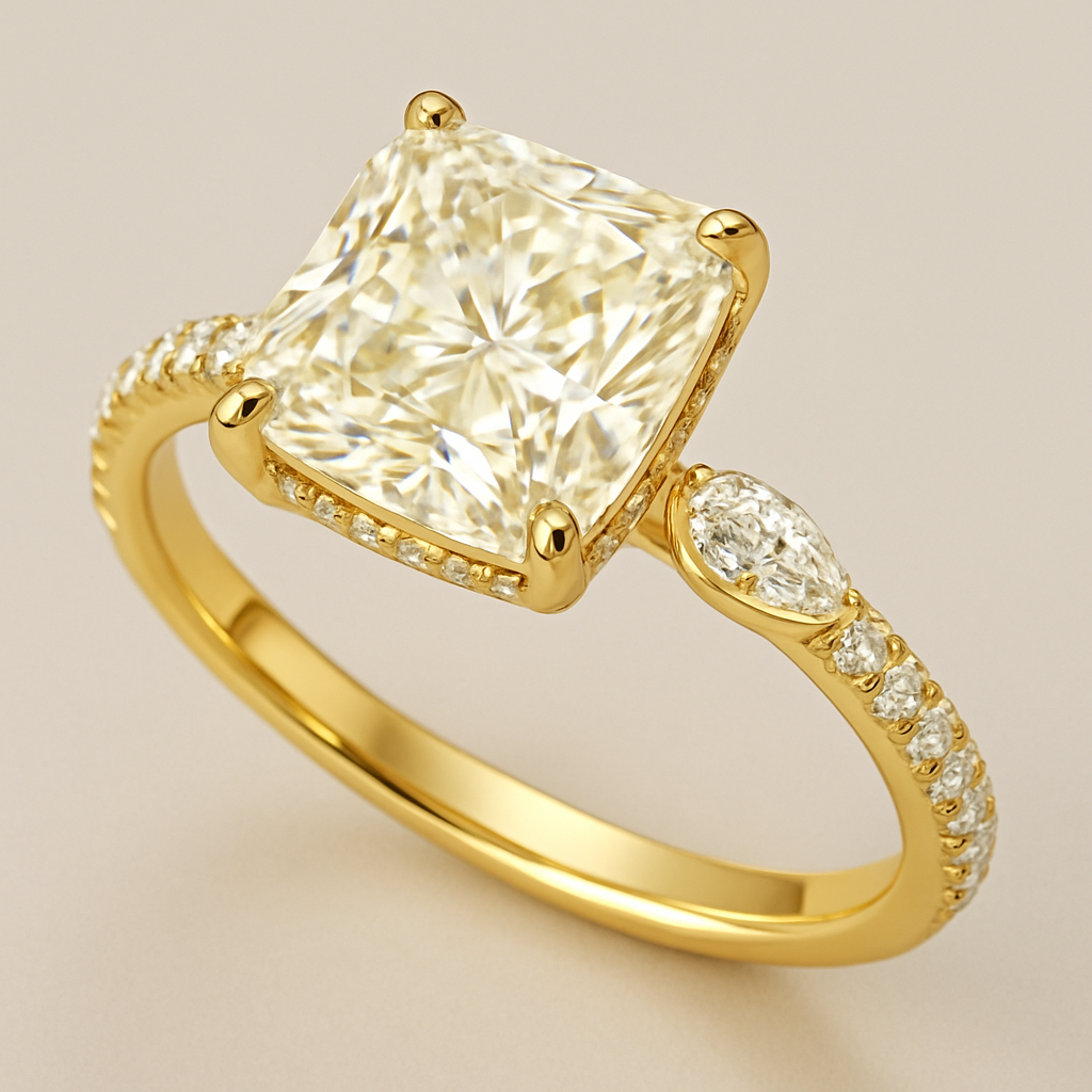 Engagement ring: lab grown, 2.5 carat, radiant shape, yellow gold metal, a hidden halo, pave band but make the diamond on the side marquise shaped