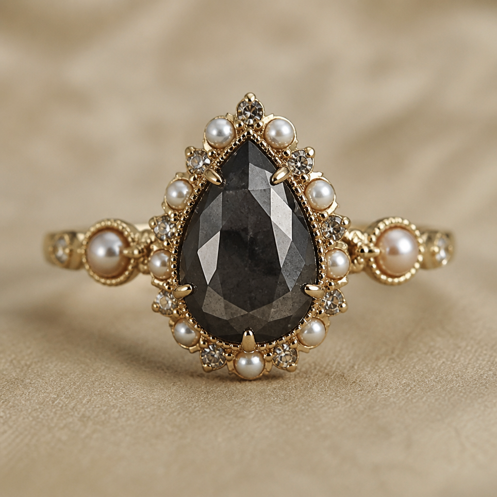 4ct rose cut pear shaped black diamond ring with pearls
photorealistic jewelry design, 4ct rose cut pear shaped black diamond ring with pearls
, vintage style, just the design no text