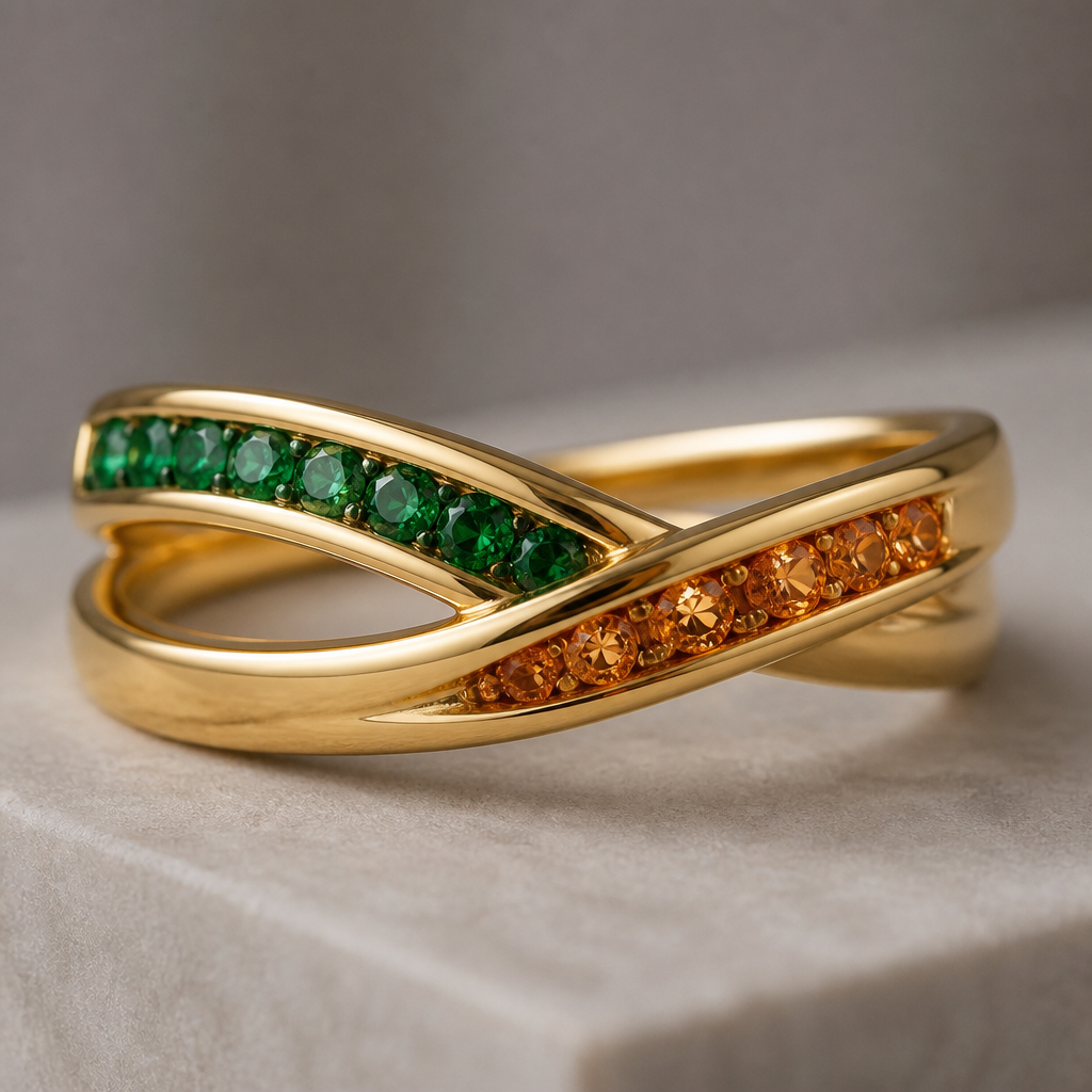 Two gold band intertwined into each other with a emerald and burnt orange diamonds in the middle of the band
photorealistic jewelry design, Two gold band intertwined into each other with a emerald and burnt orange diamonds in the middle of the band , modern style, just the design no text