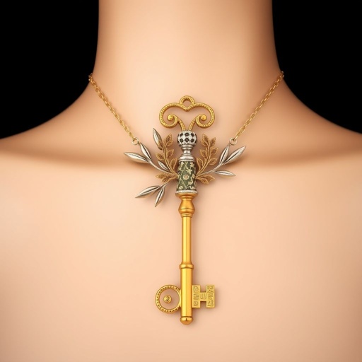 Old skeleton key shape gold and silver tones with olive branch turning on leg and keffieh print on the tip