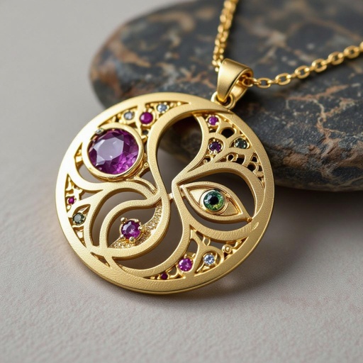 Подвеска из матового золота с узорами и мелкими необработанными камнями в форме двух пересекающихся окружностей и глаза между ними