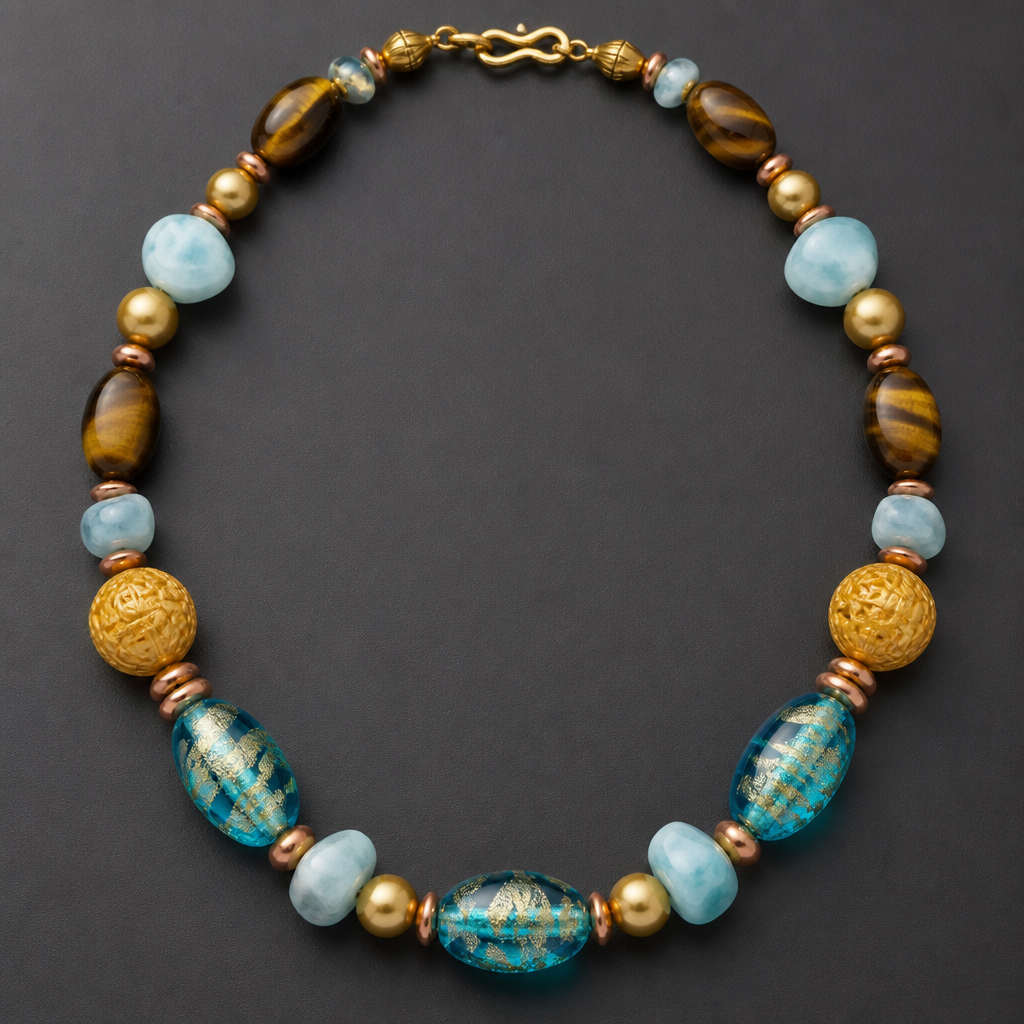 Venetian turquoise colored Glass with gold foiled swirl beads 26mm x 16mm, Larimar tumbles 12mm
× 13mm beads, gold genuine freshwater pearls 8mm, 17mm carved yellow/gold Jade round beads, 12mm x 17mm oval tigers eye beads, 5mm x 10mm rondels copper beads, necklace
photorealistic jewelry design, Venetian turquoise colored Glass with gold foiled swirl beads 26mm x 16mm, Larimar tumbles 12mm
× 13mm beads, gold genuine freshwater pearls 8mm, 17mm carved yellow/gold Jade round beads, 12mm x 17mm oval tigers eye beads, 5mm x 10mm rondels copper beads, necklace, luxury style, just the design no text