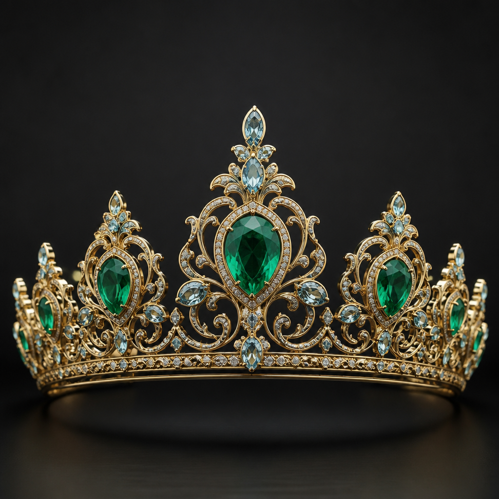 A classic women's tiara made of gold with emerald and aquamarine stones suitable for formal, highly ornate, intricate and elaborate, richly detailed. delicado y sencillo
photorealistic jewelry design, A classic women's tiara made of gold with emerald and aquamarine stones suitable for formal, highly ornate, intricate and elaborate, richly detailed. delicado y sencillo, classic style, just the design no text