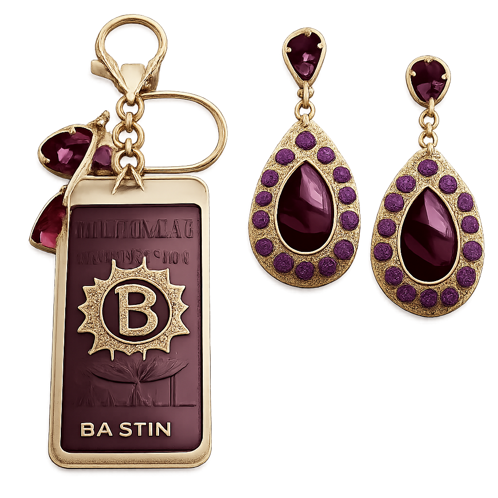 Create keychain for Brahmin with their logo and with the crocodile leather patterns with garnets in gold with matching earrings