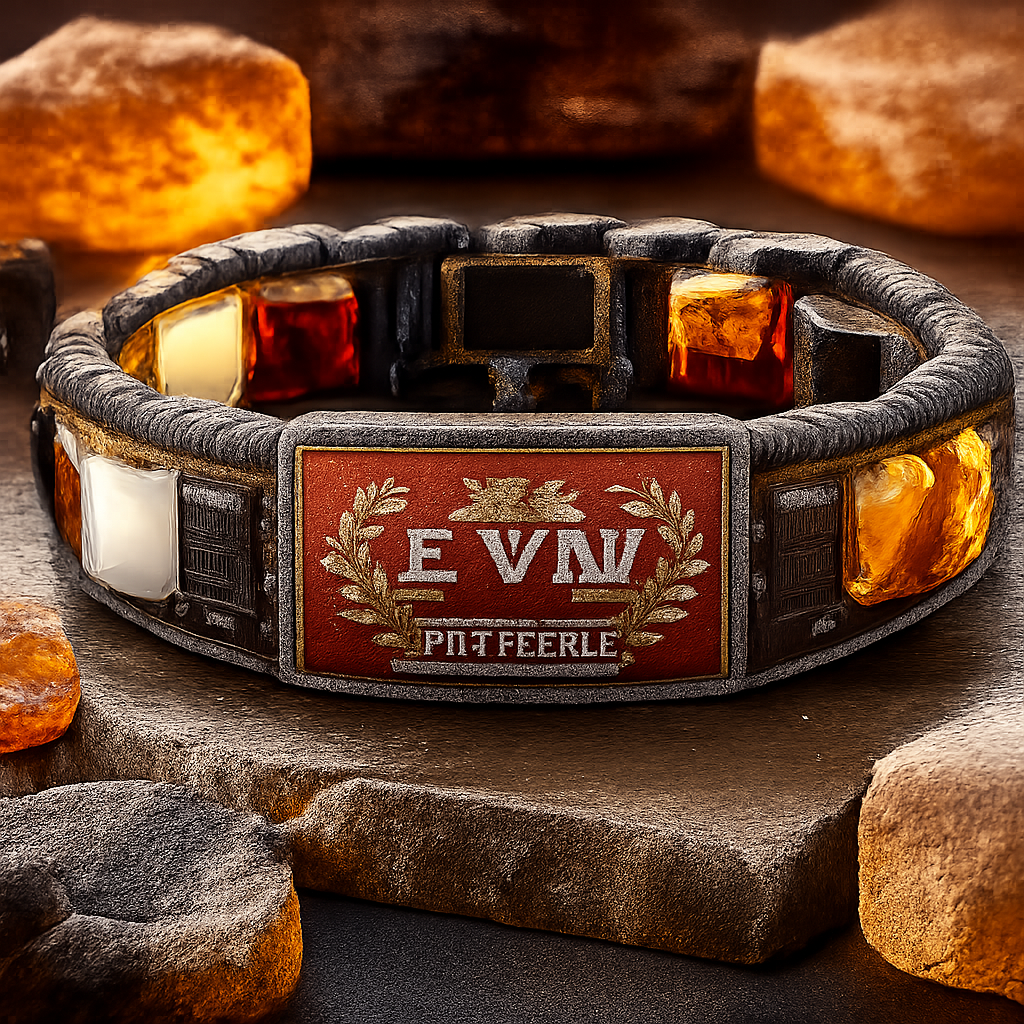 Naturalus Gintaras Gintaras zaliava, EVW champion logo ant gintarinio gabalo vyriska apyranke raudonas gintaras juodas gintaras balatas gintaras prabangus kvadratinis staciakampis stalo pavidalu