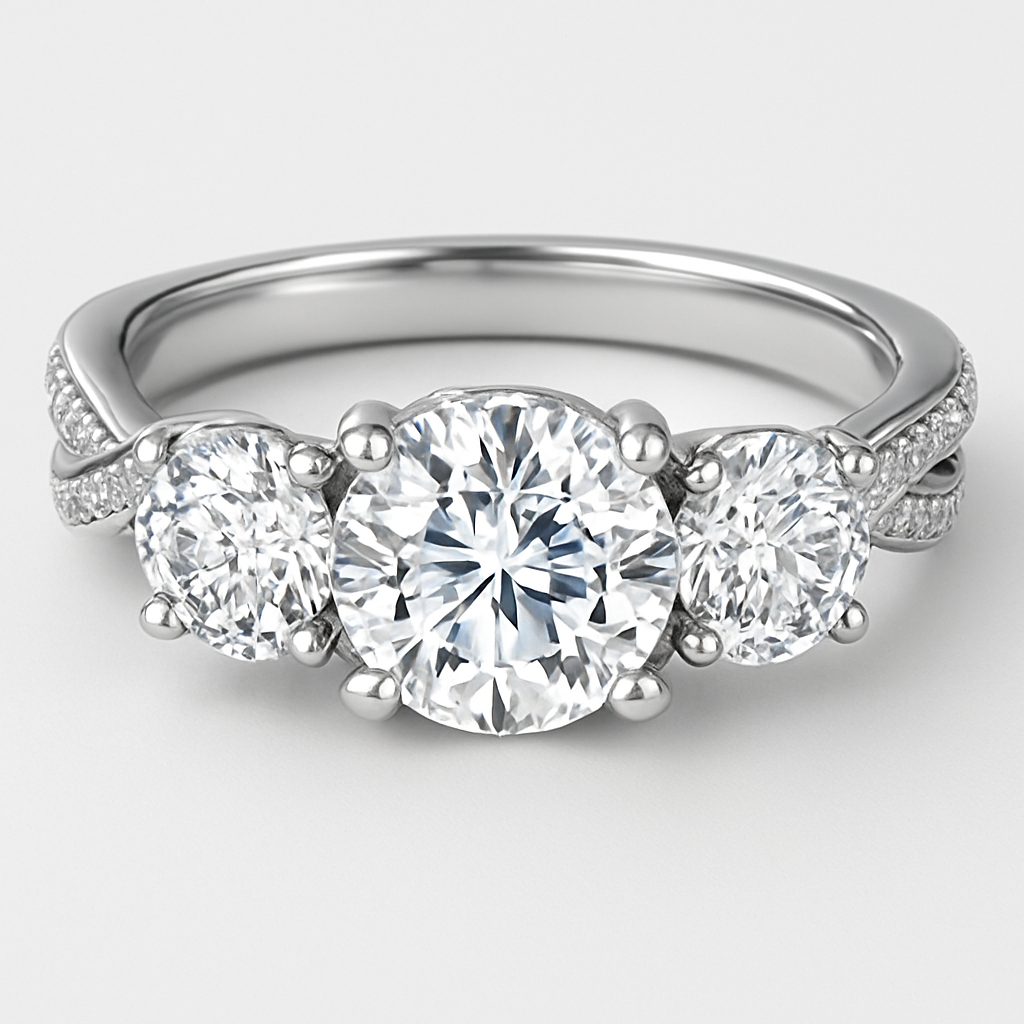 Elegant platinum 4 carat tw 3 stone ring with  hidden halo and pave twisted band