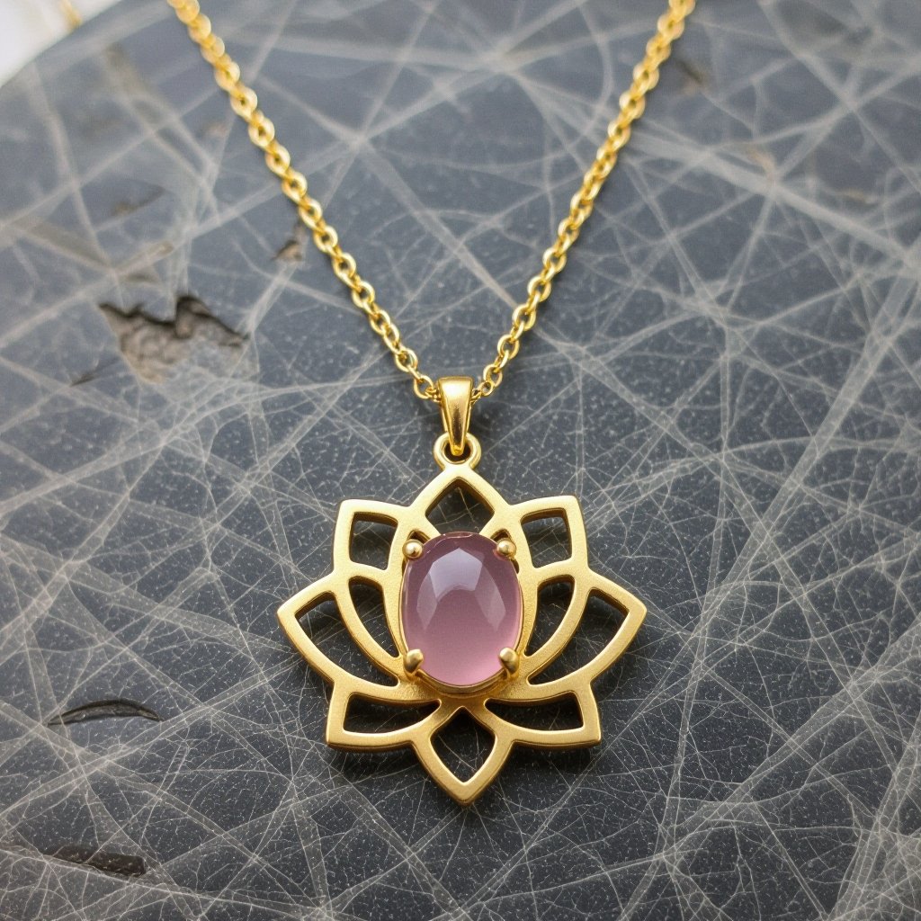 Золотая матовая цепочка. Подвеска матовая лотос шесть лепестков не круглый . В сердце лотоса матовый розовый кварц овальный
