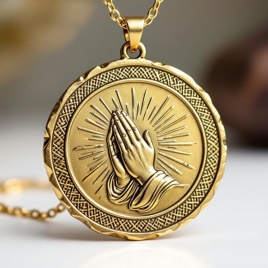 Золотой матовый медальон похожий на мятую монету с неровными краями. По кругу выгравированы изящные узоры. В центре символически изображены ладони, сложенные в молитве и от них исходит свет