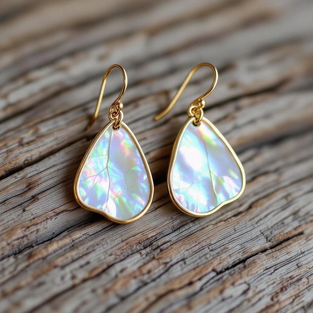 Серьги золотые в виде бирюзового с переливами половины крыла бабочки из перламутра 