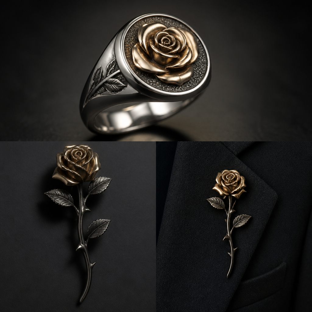 A men's ring. a rose flower brooch for male
photorealistic jewelry design, A men's ring. a rose flower brooch for male, modern style, just the design no text