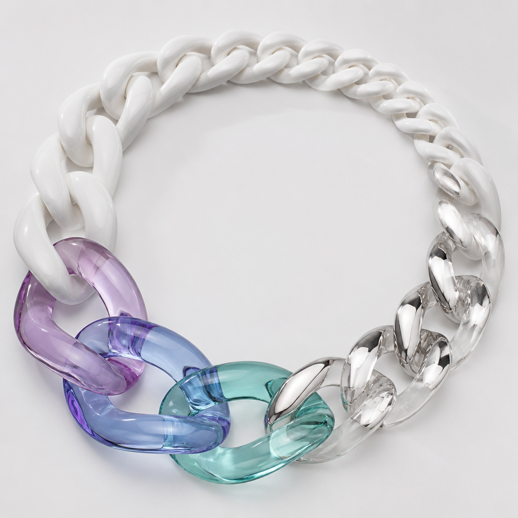 A women's necklace. create a chunky Cuban links style plastic necklace that is graduated and exaggerated in the first three links of translucent colors with the back part white and the front alternating clear and silver
photorealistic jewelry design, A women's necklace. create a chunky Cuban links style plastic necklace that is graduated and exaggerated in the first three links of translucent colors with the back part white and the front alternating clear and silver, modern style, just the design no text