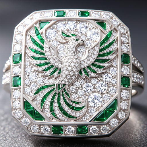 Necklace geomatry phoenix printed on it for women Design a luxurious platinum signet ring that embodies the elegance of Art Deco style, featuring a striking phoenix rendered in intricate geometric patterns. Emphasize bold lines and symmetry, with contrasting finishes for depth. Adorn the ring with brilliant-cut diamonds and emeralds, capturing the spirit of rebirth and timeless sophistication.
