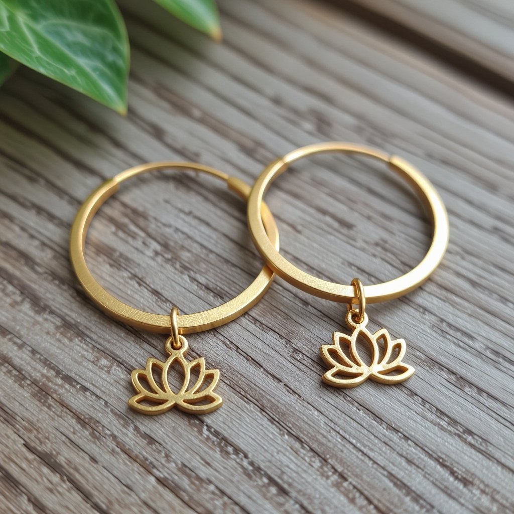 Серьги на круглой застежке из матового золоса, подвески на кольцах в виде шестилепесткового лотоса 