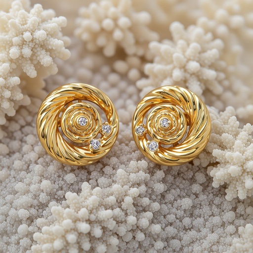 Золотые серьги в виде золотой спиральной ракушки украшенной тремя маленькими камнями 