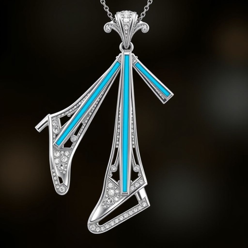 Silver pendant in the shape of ice skating blades with a turquoise stripe within the blade