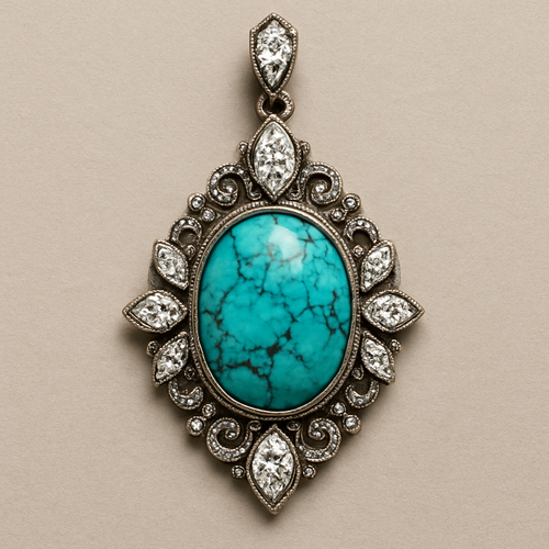 pendant , main stone oval turquise. using pear round and marquise diamond