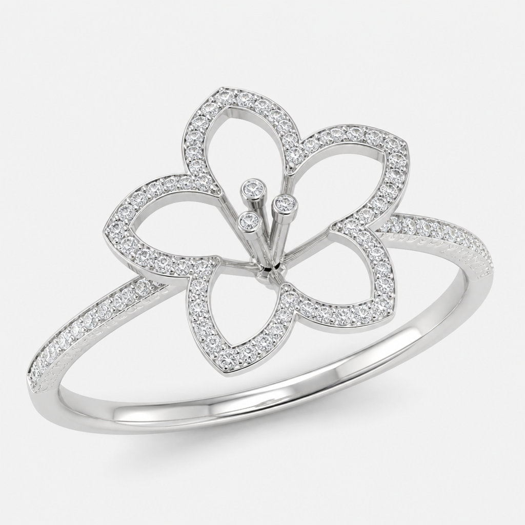 A women's ring made of silver with diamond stones. hibicus ligne fine, (diamand poutours des petales vide, toutes les petales) et delicat ,3 tres petit diamand dans le milieu au bout de la tige interieur de la fleur vide, plus detail, 5 petales chaine de chaque coté, tige qui ne depasse la fleur, minimaliste mince féminin, avec anneau pas de chaine, un peu diamant sur lanneau
photorealistic jewelry design, A women's ring made of silver with diamond stones. hibicus ligne fine, (diamand poutours des petales vide, toutes les petales) et delicat ,3 tres petit diamand dans le milieu au bout de la tige interieur de la fleur vide, plus detail, 5 petales chaine de chaque coté, tige qui ne depasse la fleur, minimaliste mince féminin, avec anneau pas de chaine, un peu diamant sur lanneau, modern style, just the design no text