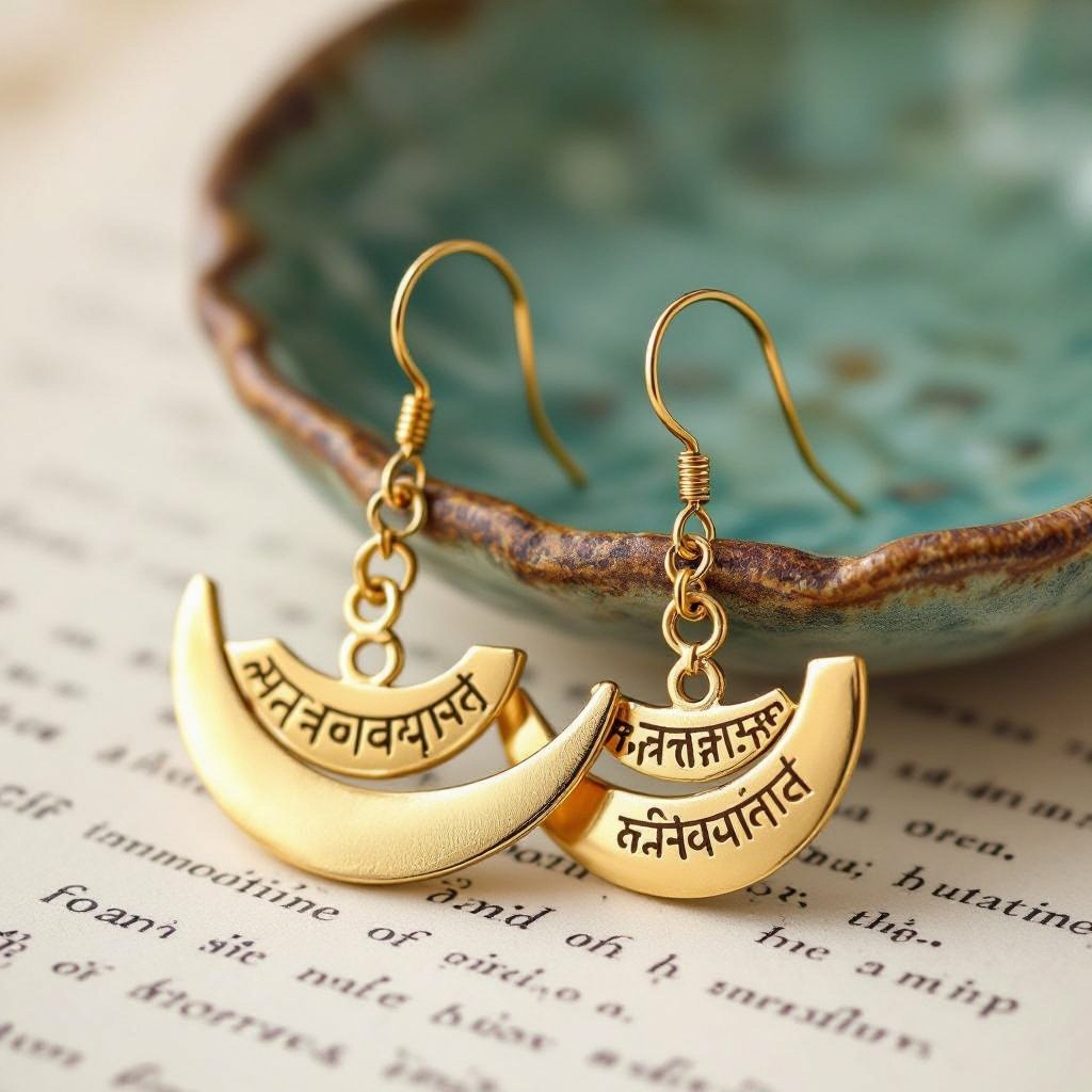 Серьги золотые в форме тонкого изящного полумесяца, полукруг как продолжение застежки, на полукруге надписи мантрами на санскрите