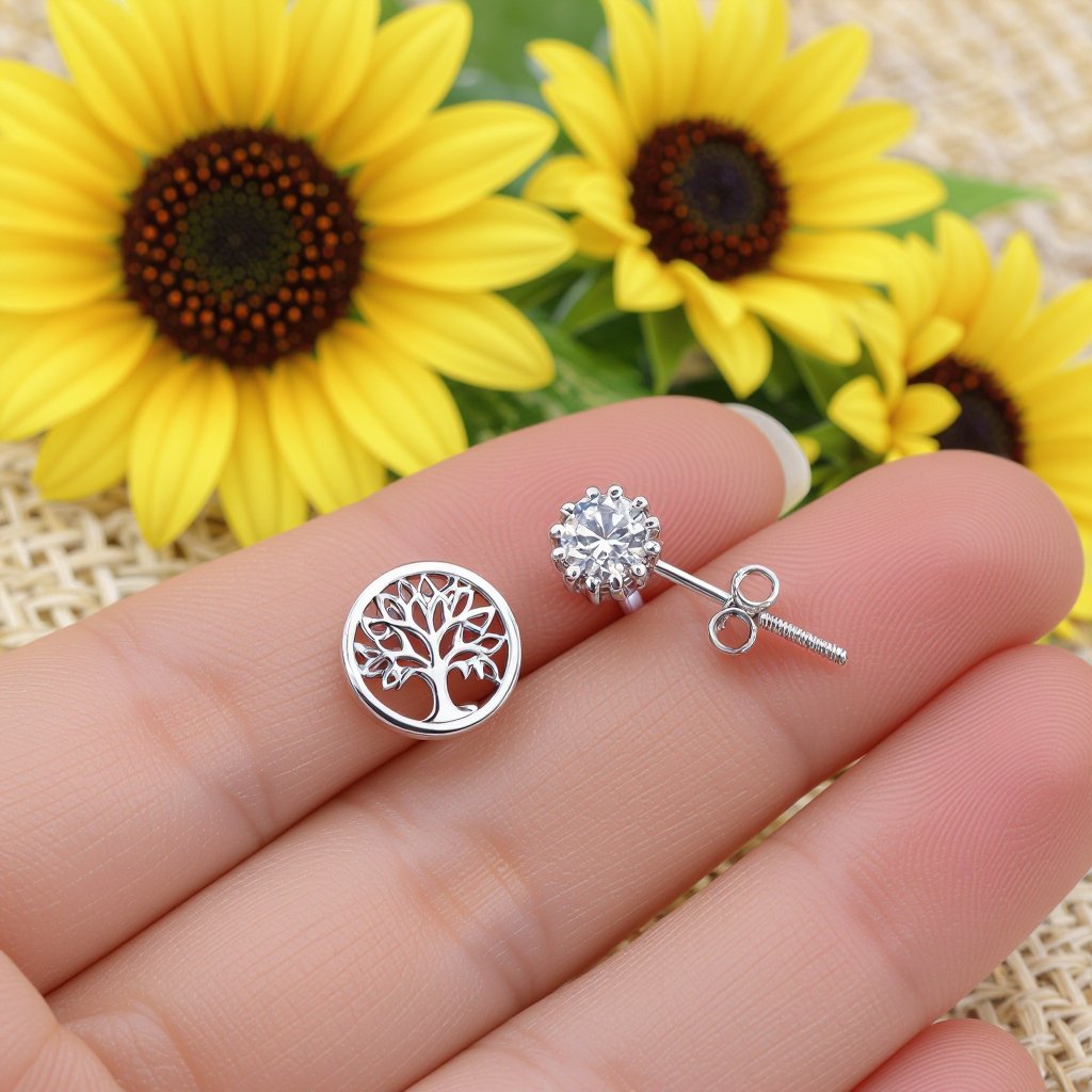 Пуссеты винтовой замок круглый символ цветка жизни с маленьким фианитом по центру