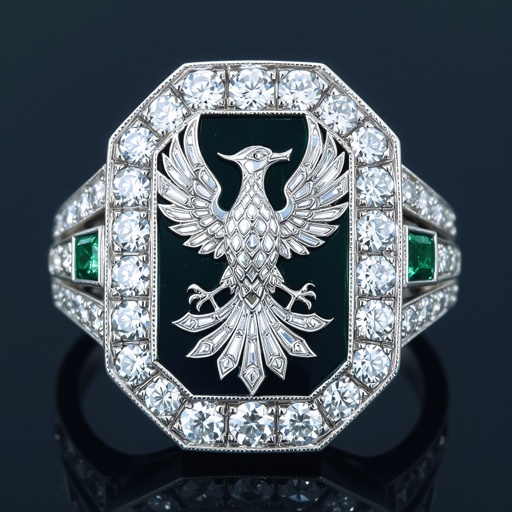 Geomatric pendant of phoenix printed on it for women Design a luxurious platinum signet ring that embodies the elegance of Art Deco style, featuring a striking phoenix rendered in intricate geometric patterns. Emphasize bold lines and symmetry, with contrasting finishes for depth. Adorn the ring with brilliant-cut diamonds and emeralds, capturing the spirit of rebirth and timeless sophistication.