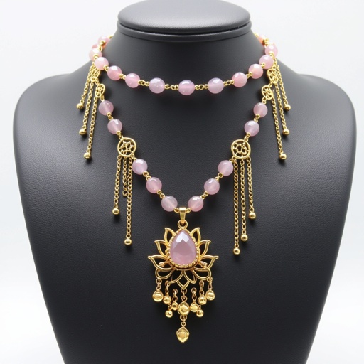 Цепочка из золота с золотыми мелкими шариками и мелкими из мелкого розового кварца посредине лотос от лотоса идут цепочки золотые вниз