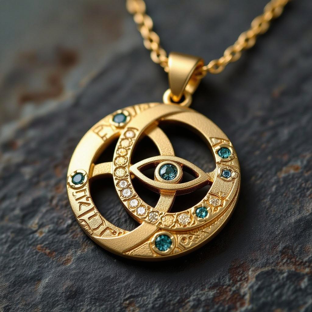 Подвеска из матового золота с узорами и мелкими необработанными матовыми камнями в форме двух пересекающихся окружностей и глаза между ними