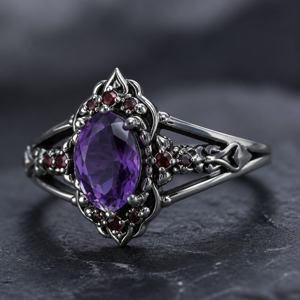 A gothic women's ring made of silver with amethyst and ruby stones suitable for daily wear
photorealistic jewelry design, A gothic women's ring made of silver with amethyst and ruby stones suitable for daily wear, gothic style, just the design no text