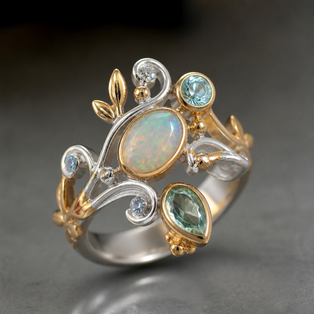 A romantic women's ring made of mixed metal with opal and topaz and aquamarine stones suitable for festival. A modern women ring with little ornaments of modern motifs.
photorealistic jewelry design, A romantic women's ring made of mixed metal with opal and topaz and aquamarine stones suitable for festival. A modern women ring with little ornaments of modern motifs., romantic style, just the design no text