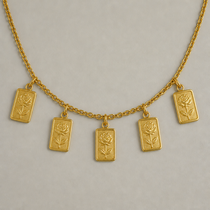 Add more spacing between them and use the pamp gram with the rose print
edit the attached jewelry design with these instructions: Add more spacing between them and use the pamp gram with the rose print. keep it photorealistic, just the design no text