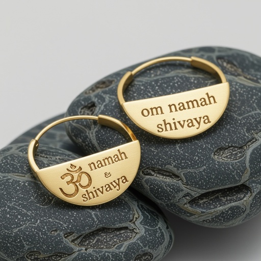 Золотые матовые серьги полукруг. На полукруге надпись изящным шрифтом om namah shivaya