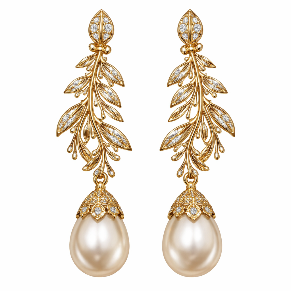 Gold pearl drop earrings with an olive branch and vine design and small white diamonds