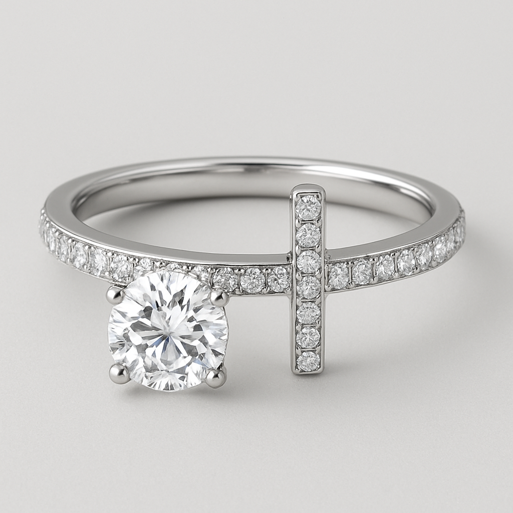 Pave T bar ring with 1 carat diamond on one side disconnected