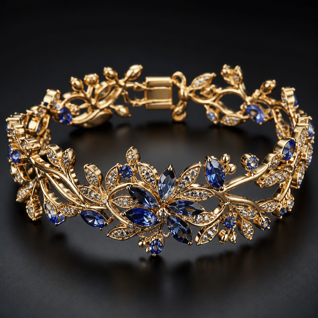 A cocktail women's bracelet made of gold with sapphire stones suitable for formal, highly ornate, intricate and elaborate, richly detailed. delicado y sencillo y con unas ramitas
photorealistic jewelry design, A cocktail women's bracelet made of gold with sapphire stones suitable for formal, highly ornate, intricate and elaborate, richly detailed. delicado y sencillo y con unas ramitas, cocktail style, just the design no text