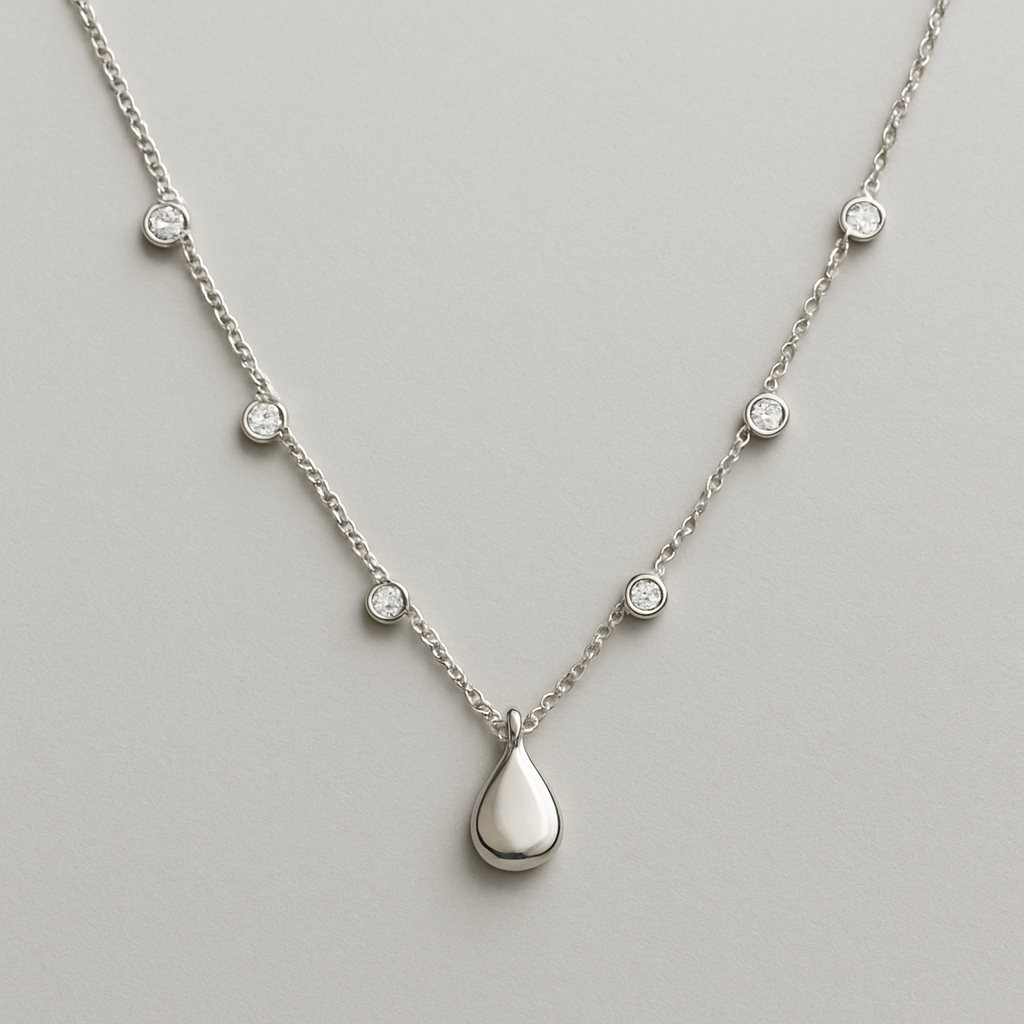Pear shape pears station necklace 7  mini  diamonds  silver small each diamonds .15 no bezel