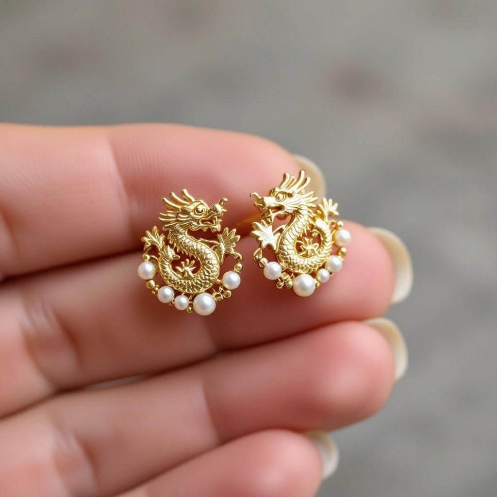 Золотые матовые серьги с изображением дракона узоры и жемчуг 