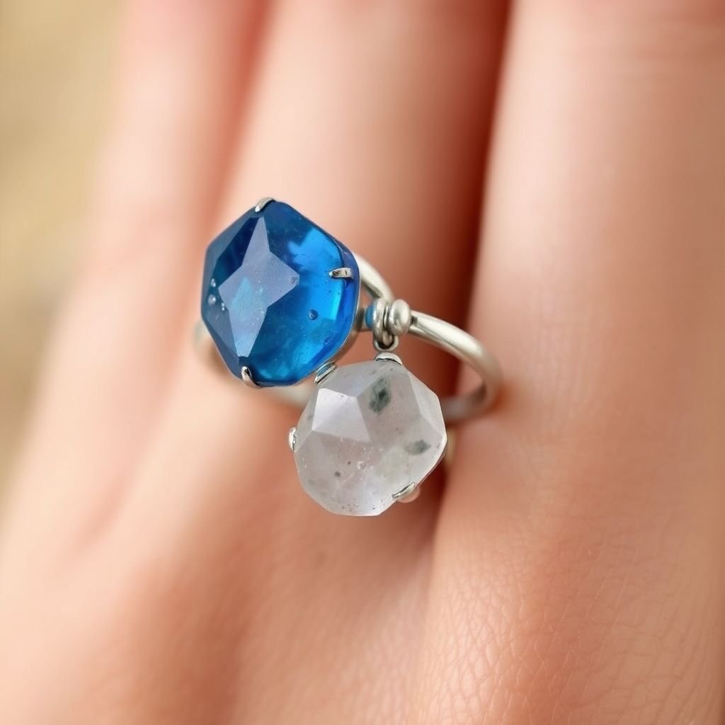 Craft a minimalist silver adjustable ring that delicately embraces the finger. Feature two striking raw natural gemstones—allowing their organic textures and colors to stand out. The design exudes earthy elegance, merging modern style with raw, untamed nature.