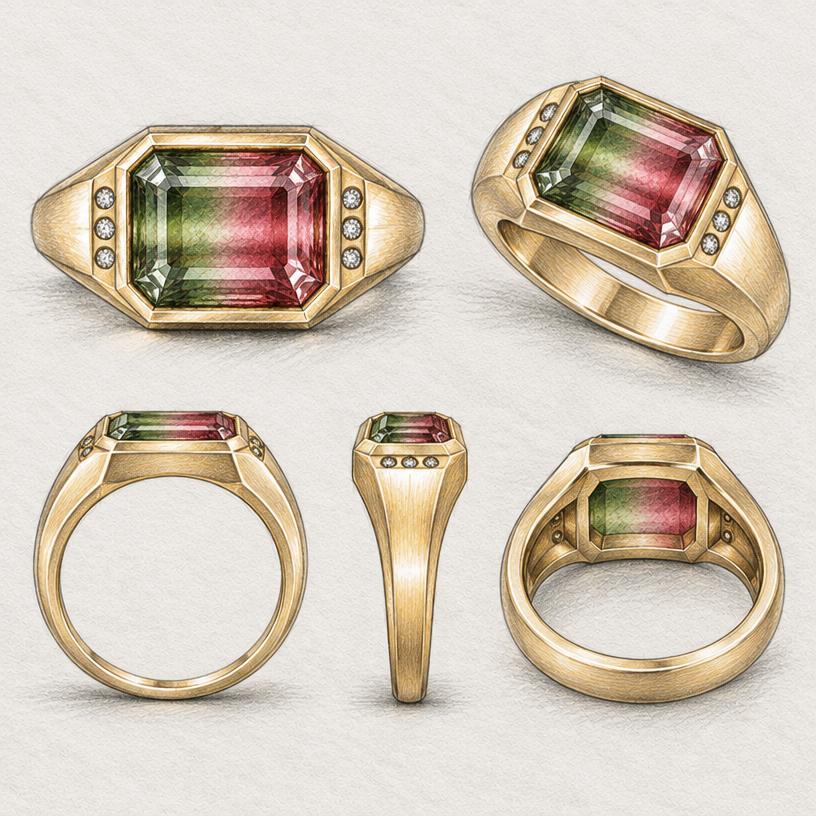 Make the melee stones on the side even smaller. Make the sketch show other angles of the ring.
edit the attached jewelry design with these instructions: Make the melee stones on the side even smaller. Make the sketch show other angles of the ring.. keep it photorealistic, just the design no text