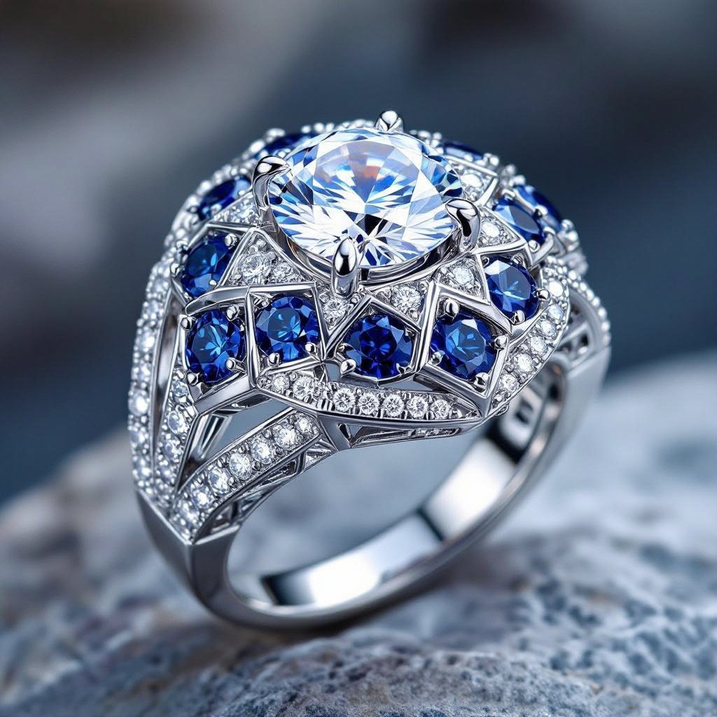 Geomatric architecture ring white gold of white diamonds and blue sapphire of edgey style and vibe Design a bold geometric architecture ring in polished white gold, featuring sharp angles and layered structures. Adorned with shimmering round white diamonds on one side and vibrant blue sapphires cascading from the edges, this edgy statement piece embodies modern elegance and artistic flair, perfect for the contemporary, confident wearer.