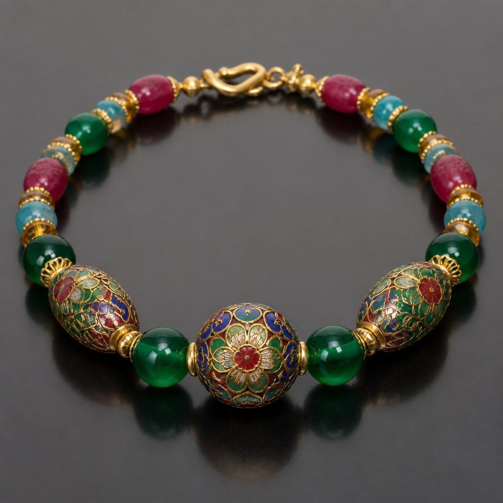 Large cloisonne center bead 20mm round gold green red blue, two egg shapped cloisonne 25mm x 15 gold green red blue, round 15mm emerald green beads, carved rough cut ruby egg shapped 14mm x 10mm beads, blue apatite 8mm round beads, faceted rondel shapped citrine 8mm x 5mm, gold findings
photorealistic jewelry design, Large cloisonne center bead 20mm round gold green red blue, two egg shapped cloisonne 25mm x 15 gold green red blue, round 15mm emerald green beads, carved rough cut ruby egg shapped 14mm x 10mm beads, blue apatite 8mm round beads, faceted rondel shapped citrine 8mm x 5mm, gold findings , vintage style, just the design no text