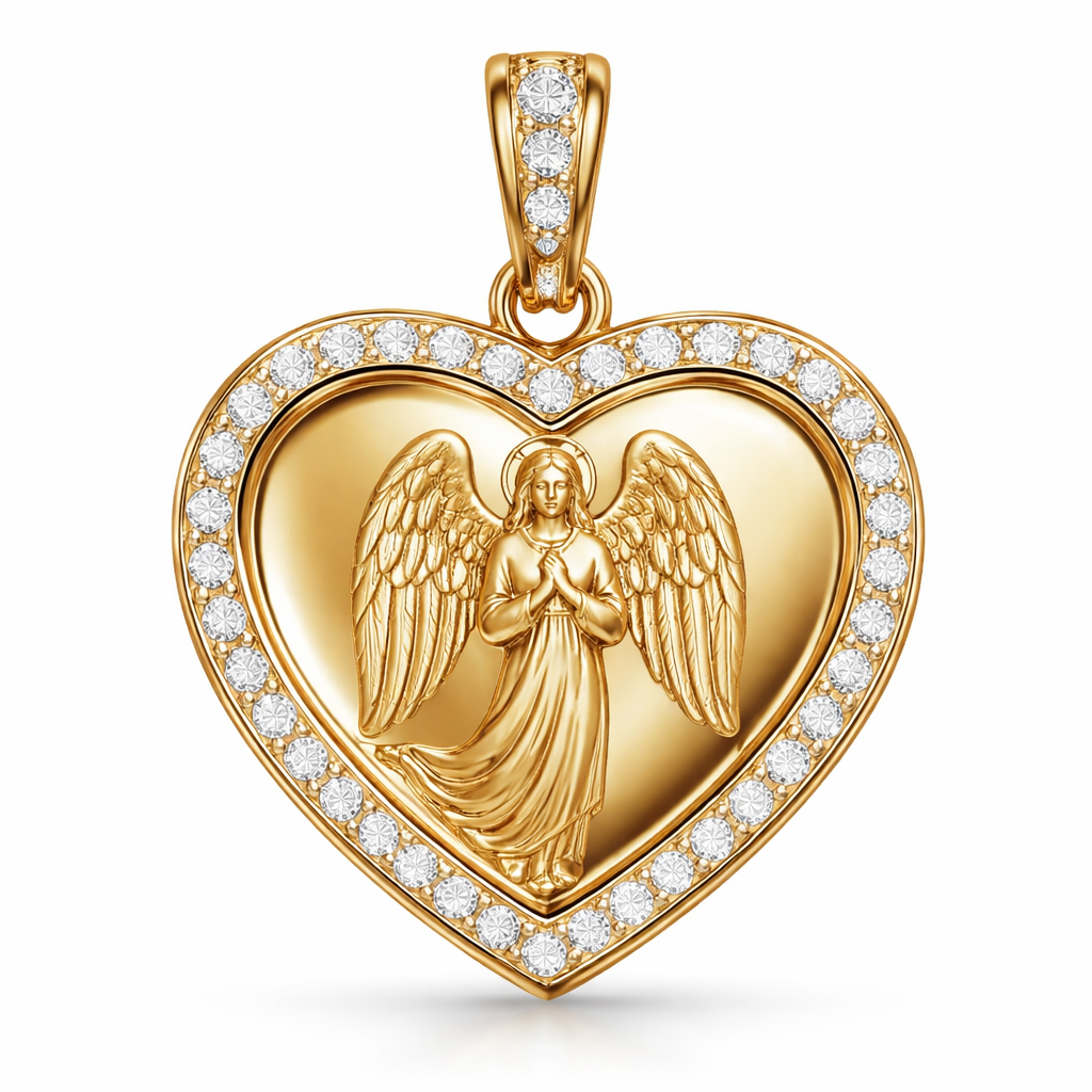Gold heart pendant with guardian angel on surface and Pavé diamond border around heart, gold bale
Gold heart pendant with guardian angel on surface and Pavé diamond border around heart, gold bale, contemporary style