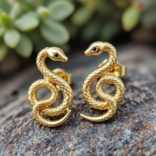 Небольшие золотые матовые серьги в виде символической змеи