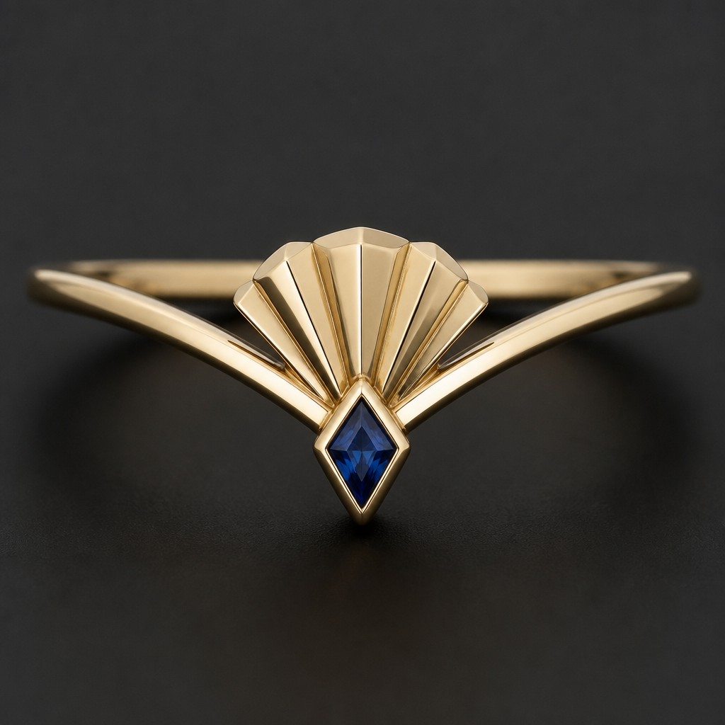Art deco fan with its point oriented downward nestled into a thin chevron band- with a right kite sapphire bezel set where its longer point aligns with the art deco fan point in a repeating V shape.
photorealistic jewelry design, Art deco fan with its point oriented downward nestled into a thin chevron band- with a right kite sapphire bezel set where its longer point aligns with the art deco fan point in a repeating V shape., art_deco style, just the design no text