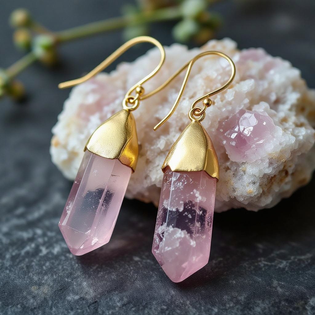 Серьги матовое золото с эффектом неровности Необработанный бледно розовый кварц в виде длинного кристалла